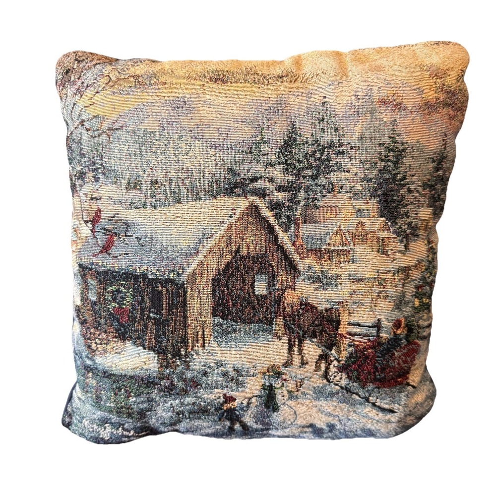 Vintage Nicky Boehme Tapestry Christmas Barn w Horse & Sleigh Pillow